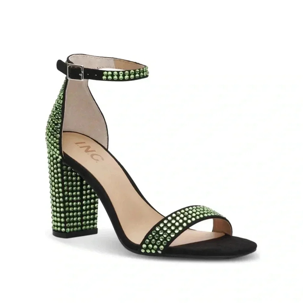 INC Black Ankle Strap Rhinestone Lexini Square Toe Block Heel Sandal 10.5 M